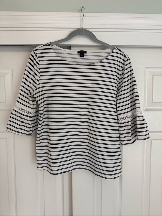 Ann Taylor Tops - Ann Taylor White & Black Striped Lace-Trim Blouse - 100% Cotton